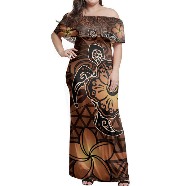 Polynesian Pride Dress - Hawaii Mix Polynesian Turtle Plumeria Nick Style Orange Off Shoulder Long Dress