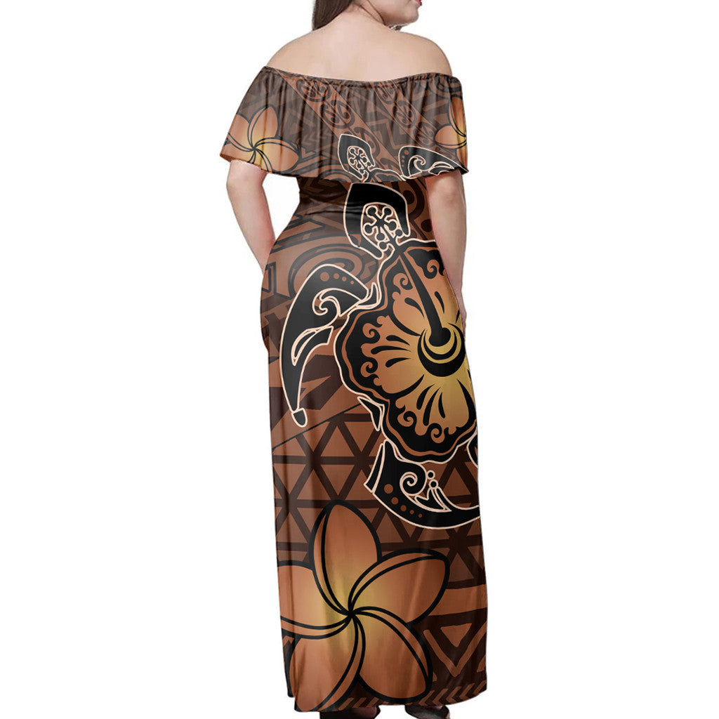 Polynesian Pride Dress - Hawaii Mix Polynesian Turtle Plumeria Nick Style Orange Off Shoulder Long Dress