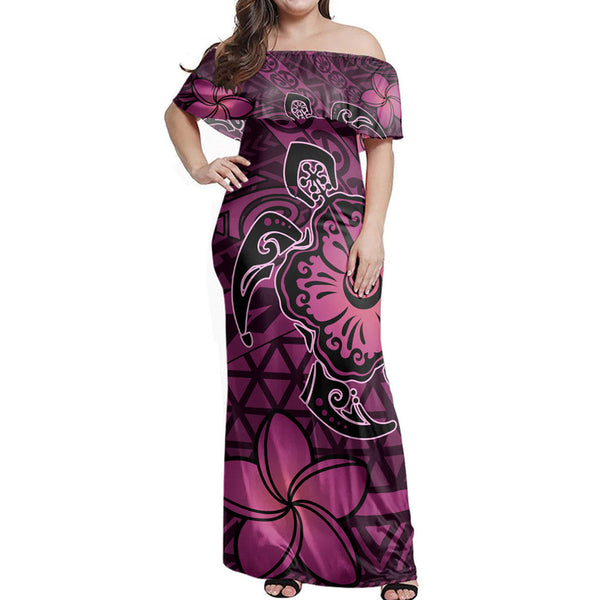 Polynesian Pride Dress - Hawaii Mix Polynesian Turtle Plumeria Nick Style Pink Off Shoulder Long Dress