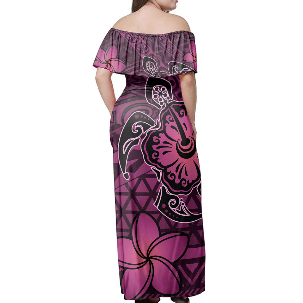 Polynesian Pride Dress - Hawaii Mix Polynesian Turtle Plumeria Nick Style Pink Off Shoulder Long Dress