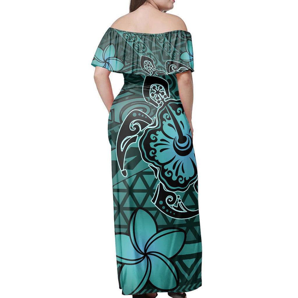 Polynesian Pride Dress - Hawaii Mix Polynesian Turtle Plumeria Nick Style Turquoise Off Shoulder Long Dress