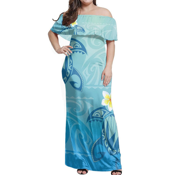 Polynesian Pride Dress - Hawaii Plumeria Deep Blue Turtle Off Shoulder Long Dress