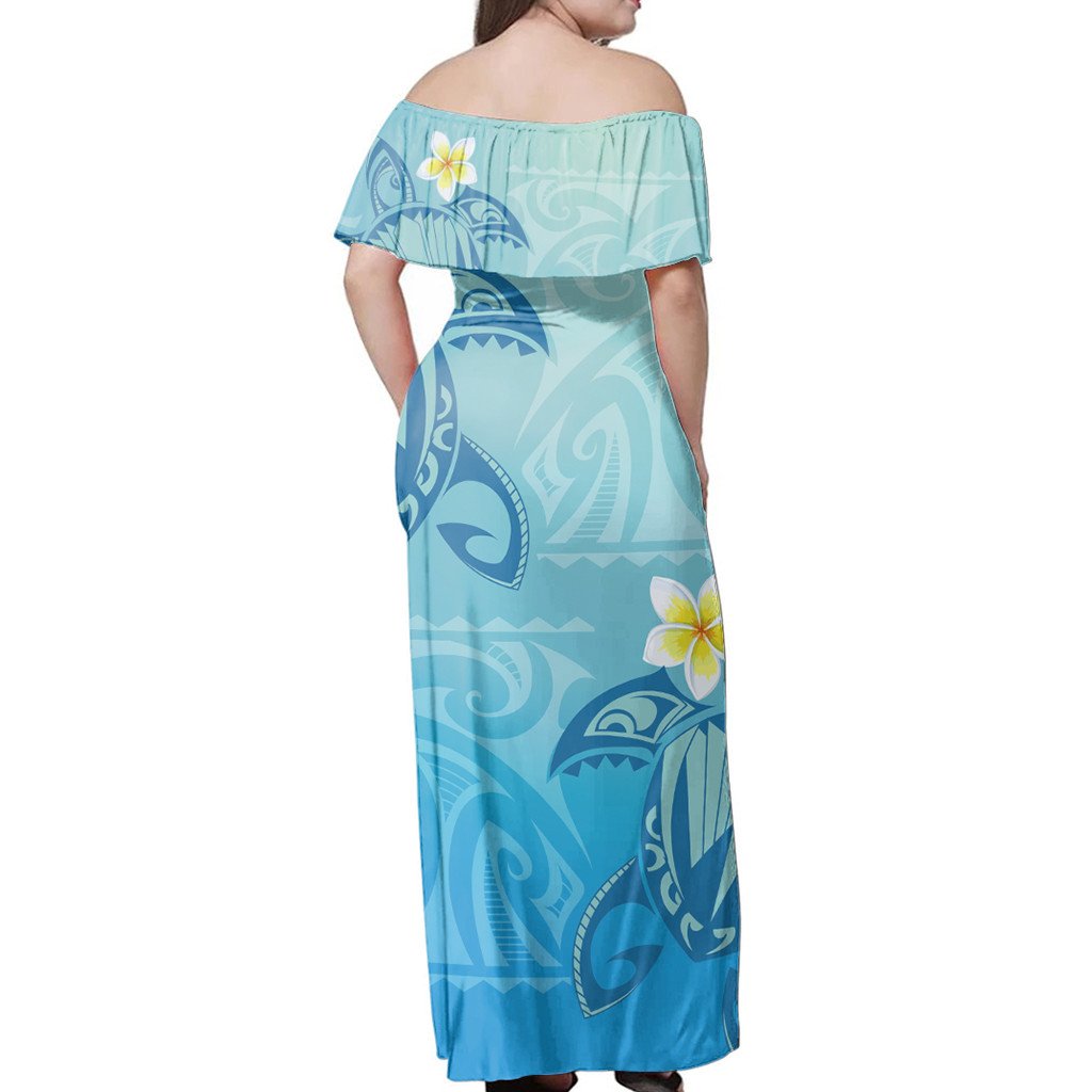 Polynesian Pride Dress - Hawaii Plumeria Deep Blue Turtle Off Shoulder Long Dress