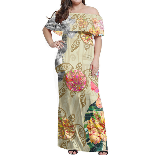 Polynesian Pride Dress - Hawaii Polynesian Flowers Swimming Turtles Off Shoulder Long Dress