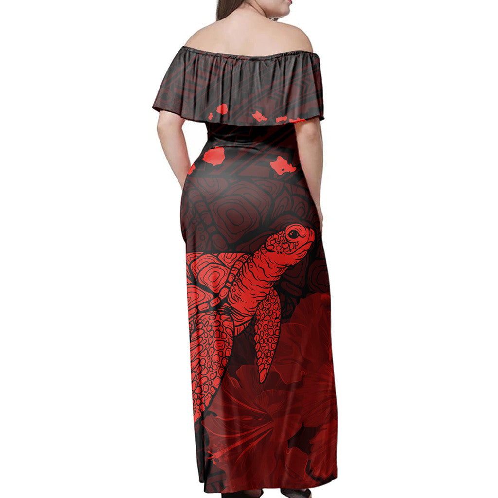 Polynesian Pride Dress - Hawaii Polynesian Hibiscus Turtle Map Red Off Shoulder Long Dress