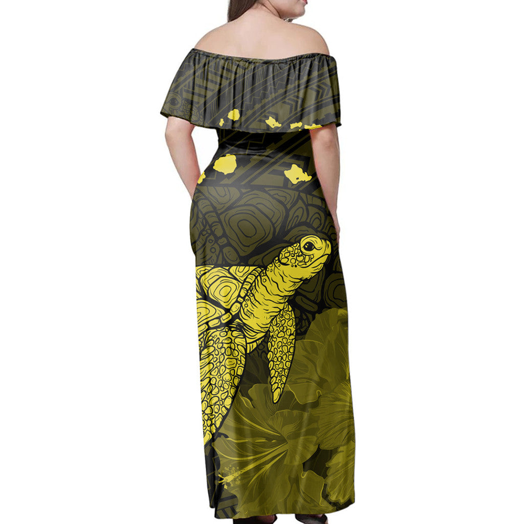 Polynesian Pride Dress - Hawaii Polynesian Hibiscus Turtle Map Yellow Off Shoulder Long Dress