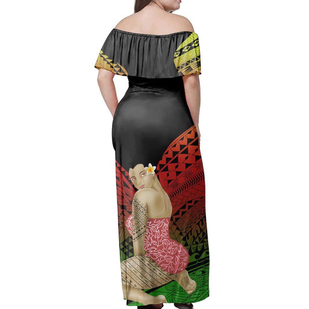 Polynesian Pride Dress - Hawaii Polynesian Hula Girl Wearing Plumeria Reggae Off Shoulder Long Dress