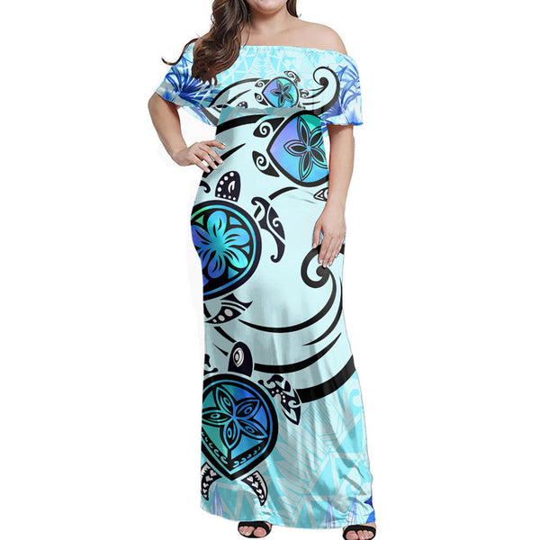 Polynesian Pride Dress - Hawaii Polynesian Plumeria Hibiscus Turtle Jack Style Blue Off Shoulder Long Dress