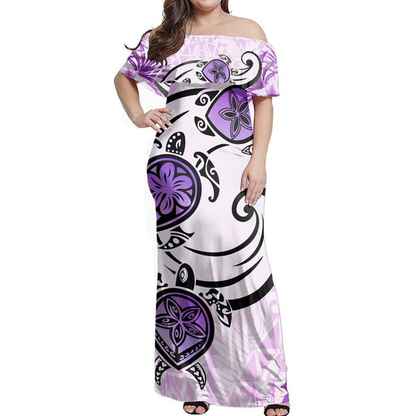 Polynesian Pride Dress - Hawaii Polynesian Plumeria Hibiscus Turtle Jack Style Pink Off Shoulder Long Dress