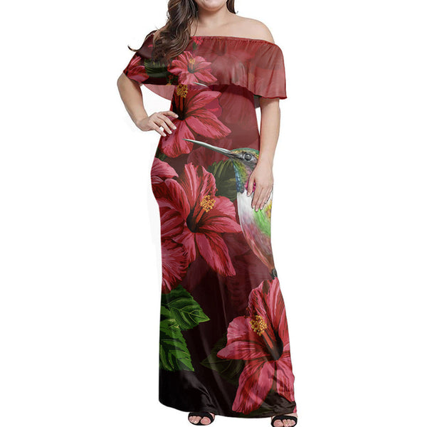 Polynesian Pride Dress - Hawaii Red Hibiscus Humming Bird Off Shoulder Long Dress