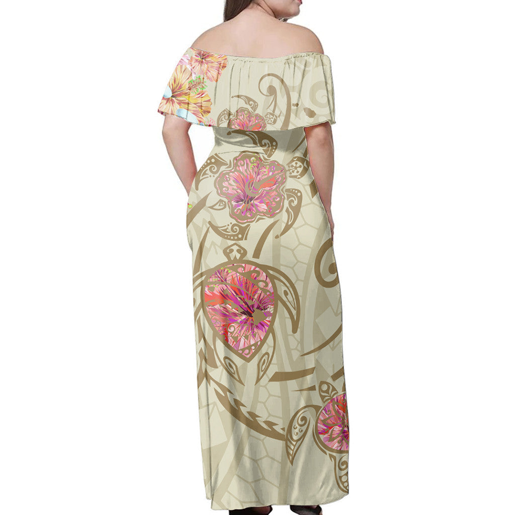 Polynesian Pride Dress - Hawaii Triple Marble Turtle Polynesian Hibiscus Benjamin Style Beige Off Shoulder Long Dress