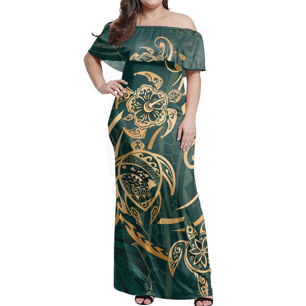 Polynesian Pride Dress - Hawaii Triple Marble Turtle Polynesian Hibiscus Benjamin Style Green Off Shoulder Long Dress