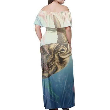 Polynesian Pride Dress - Hawaii Turtle And Jellyfish In Deep Sea Moana Off Shoulder Long Dress