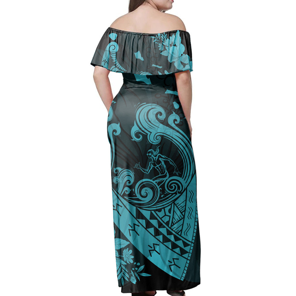 Polynesian Pride Dress - Hawaiian Fish Hook Hibiscus Banzai Surfing Polynesian Blue Off Shoulder Long Dress