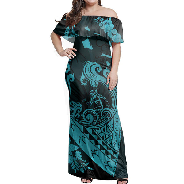 Polynesian Pride Dress - Hawaiian Fish Hook Hibiscus Banzai Surfing Polynesian Blue Off Shoulder Long Dress