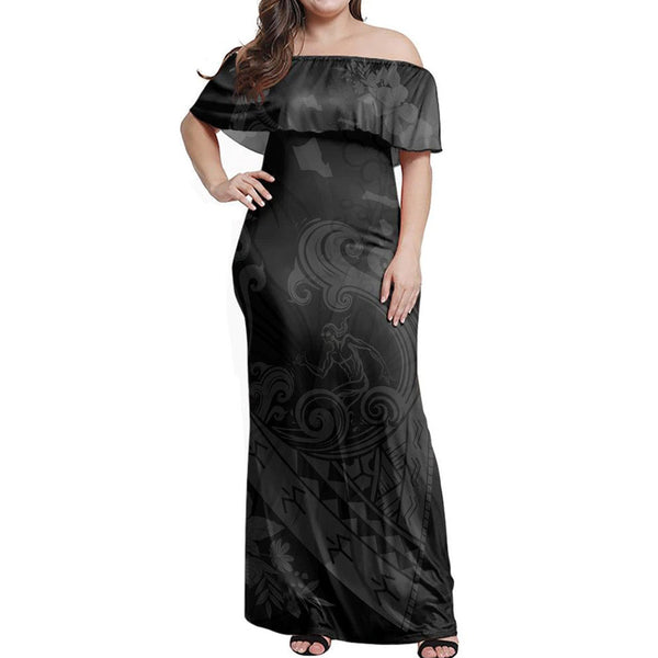 Polynesian Pride Dress - Hawaiian Fish Hook Hibiscus Banzai Surfing Polynesian Grey Off Shoulder Long Dress