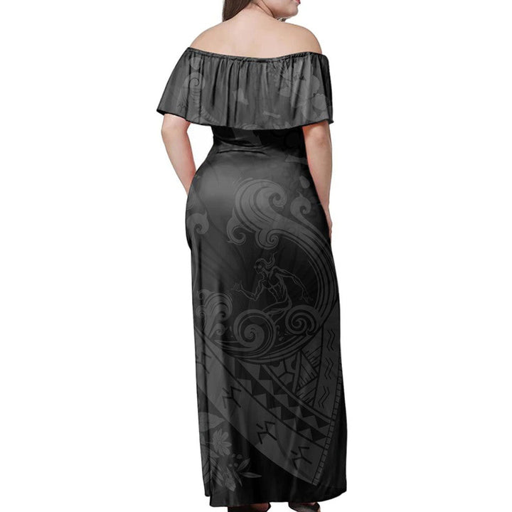 Polynesian Pride Dress - Hawaiian Fish Hook Hibiscus Banzai Surfing Polynesian Grey Off Shoulder Long Dress