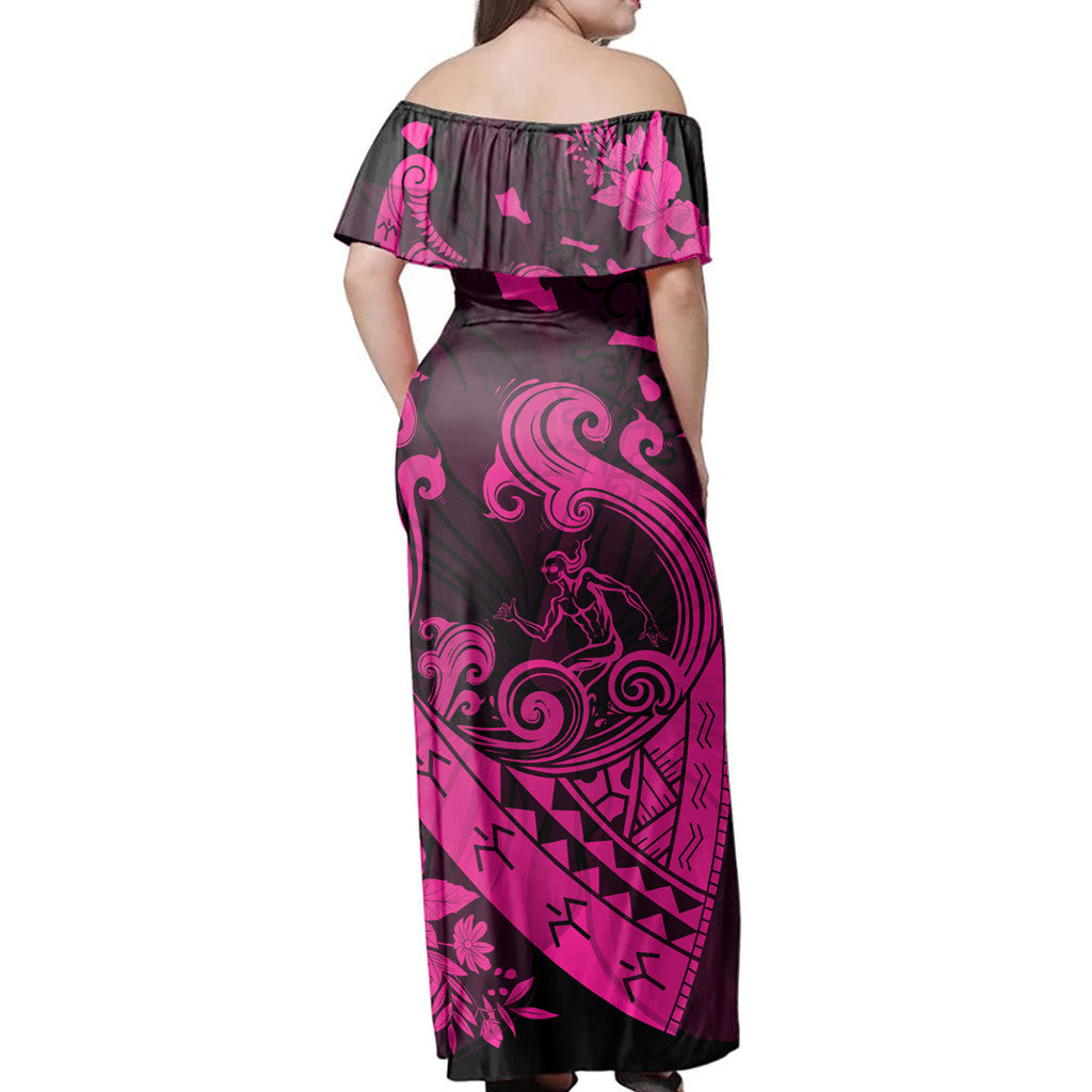 Polynesian Pride Dress - Hawaiian Fish Hook Hibiscus Banzai Surfing Polynesian Pink Off Shoulder Long Dress