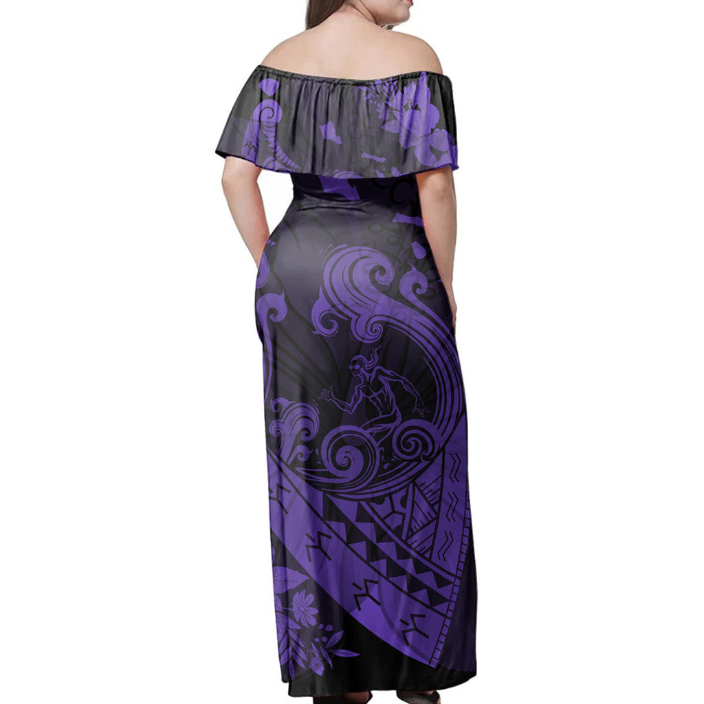 Polynesian Pride Dress - Hawaiian Fish Hook Hibiscus Banzai Surfing Polynesian Purple Off Shoulder Long Dress