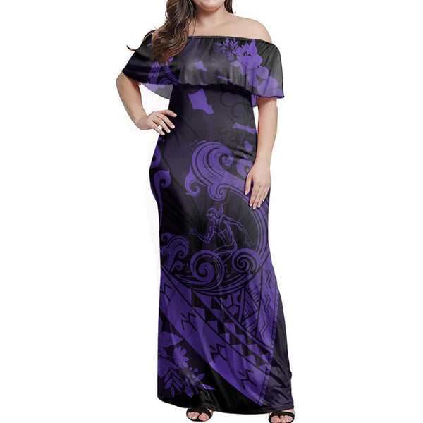 Polynesian Pride Dress - Hawaiian Fish Hook Hibiscus Banzai Surfing Polynesian Purple Off Shoulder Long Dress