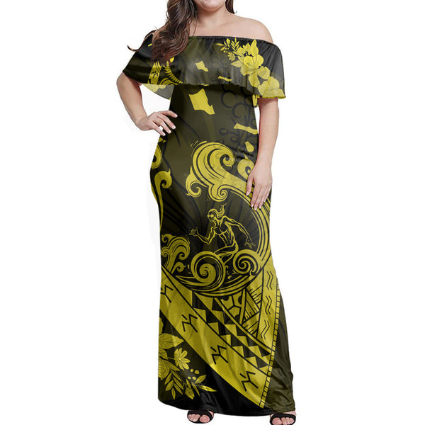Polynesian Pride Dress - Hawaiian Fish Hook Hibiscus Banzai Surfing Polynesian Yellow Off Shoulder Long Dress