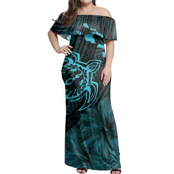 Polynesian Pride Dress - Hawaiian Hibiscus Sea Turtle Swim Polynesian Blue Off Shoulder Long Dress