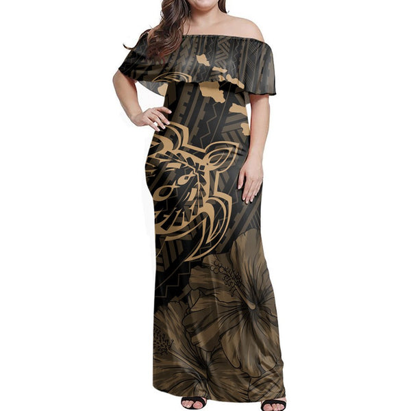 Polynesian Pride Dress - Hawaiian Hibiscus Sea Turtle Swim Polynesian Gold Off Shoulder Long Dress