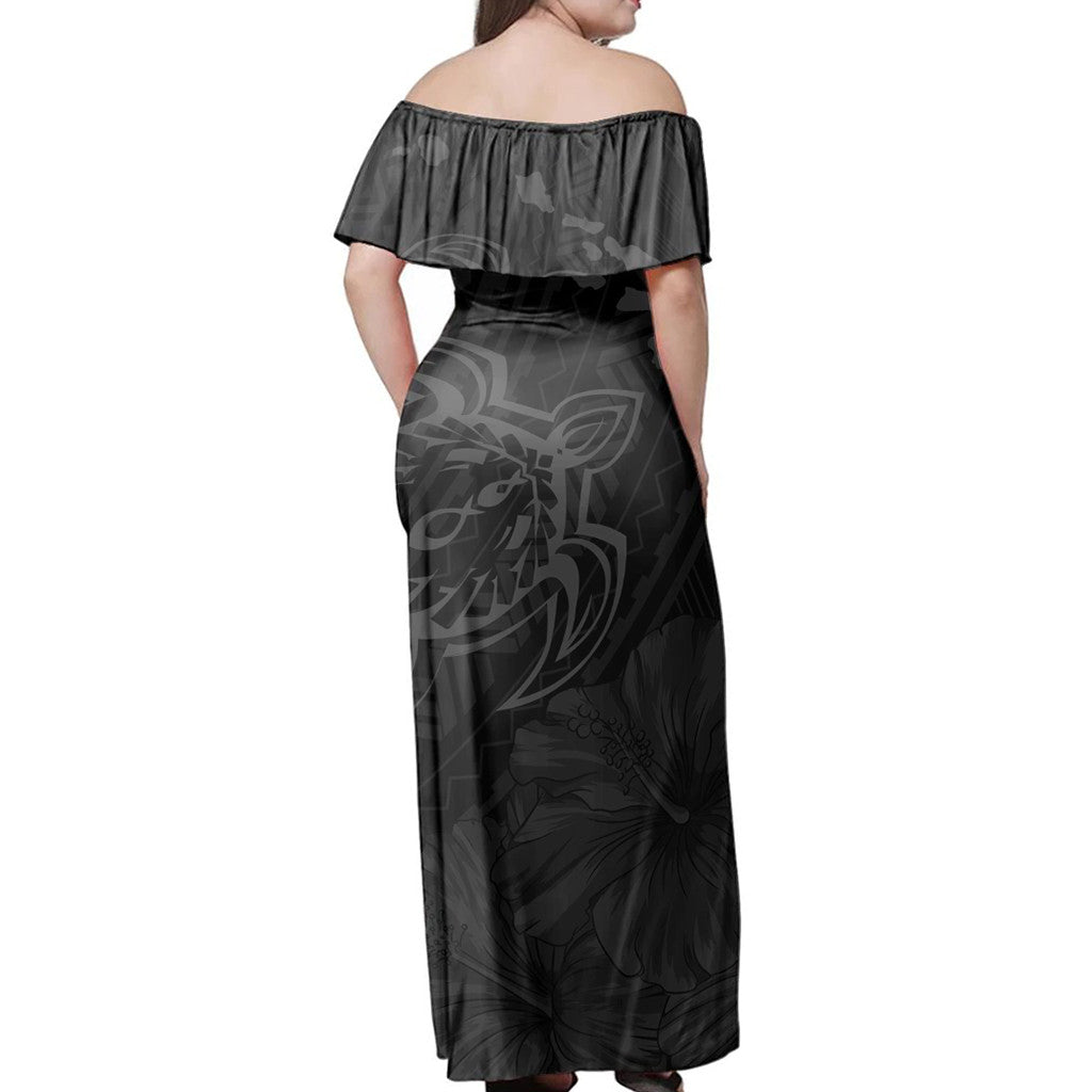 Polynesian Pride Dress - Hawaiian Hibiscus Sea Turtle Swim Polynesian Grey Off Shoulder Long Dress