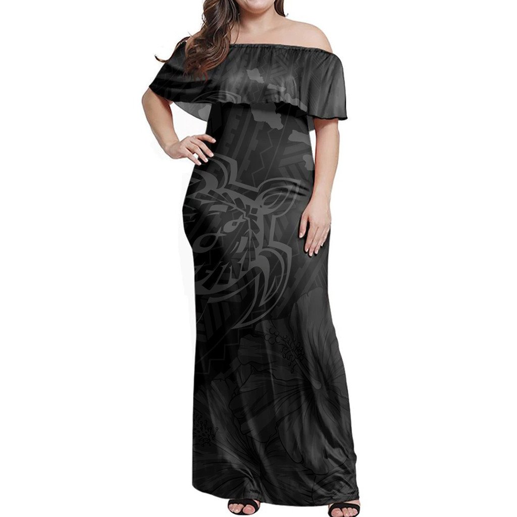 Polynesian Pride Dress - Hawaiian Hibiscus Sea Turtle Swim Polynesian Grey Off Shoulder Long Dress