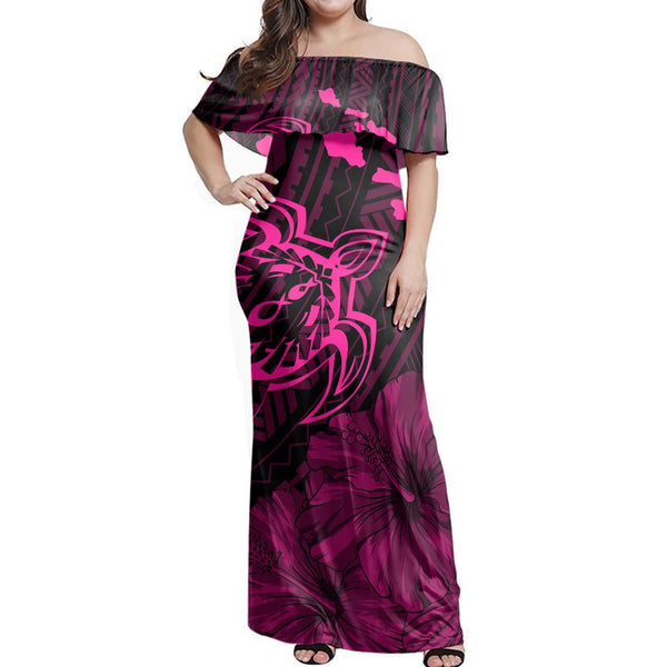 Polynesian Pride Dress - Hawaiian Hibiscus Sea Turtle Swim Polynesian Pink Off Shoulder Long Dress