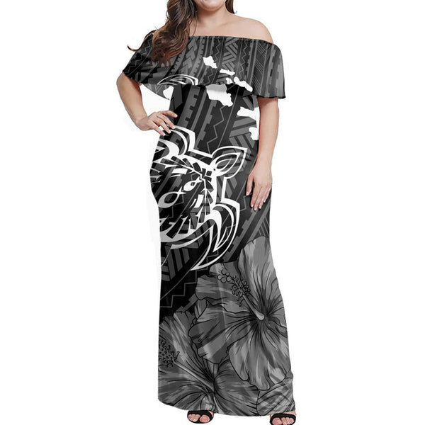 Polynesian Pride Dress - Hawaiian Hibiscus Sea Turtle Swim Polynesian Off Shoulder Long Dress