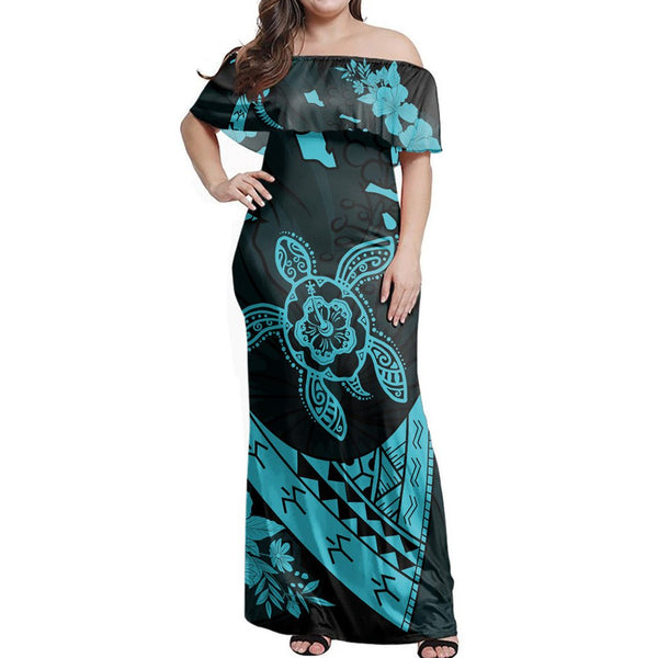 Polynesian Pride Dress - Hawaiian Map Hibiscus Turtle Fish Hook Polynesian Blue Off Shoulder Long Dress