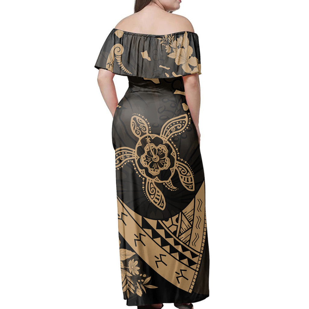 Polynesian Pride Dress - Hawaiian Map Hibiscus Turtle Fish Hook Polynesian Gold Off Shoulder Long Dress