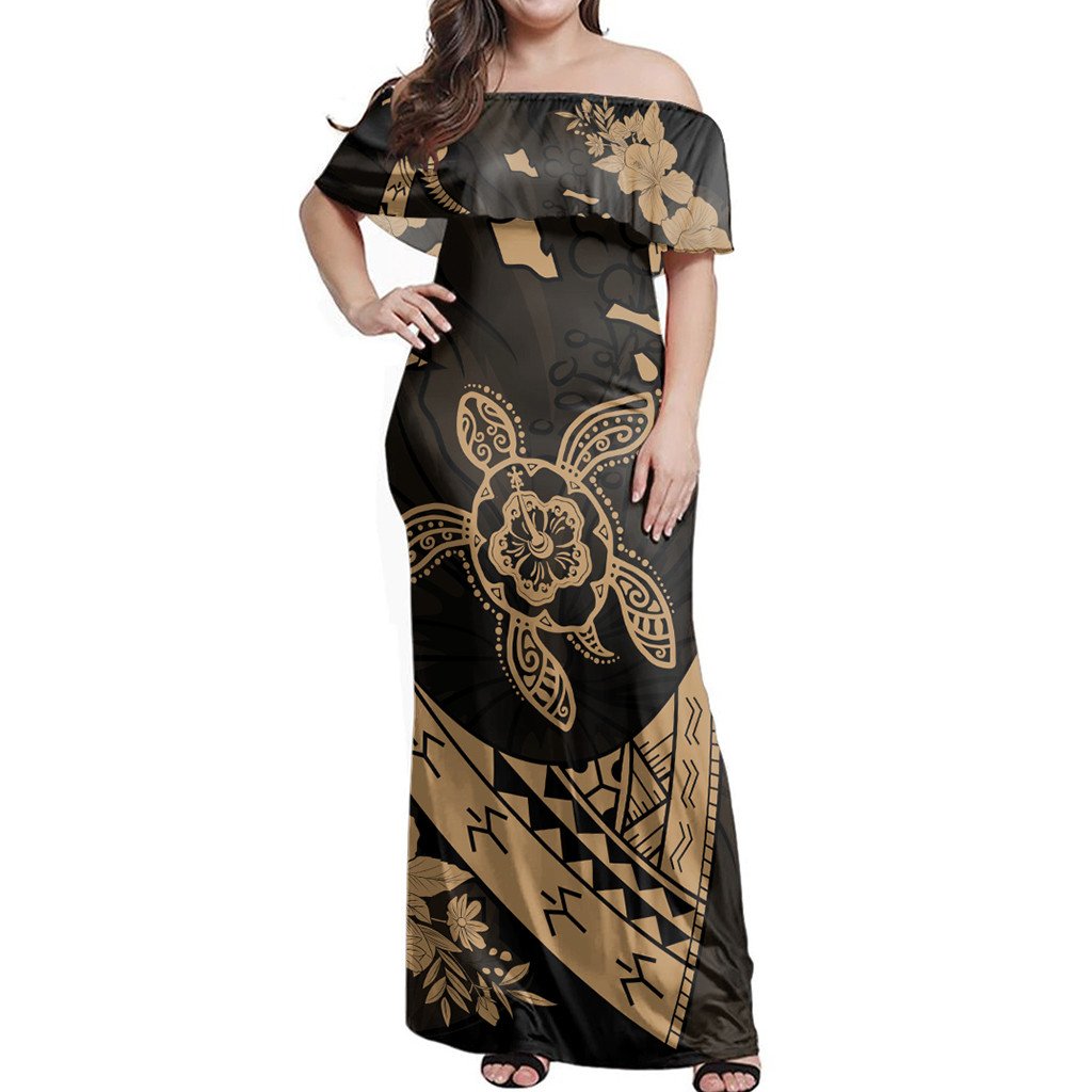 Polynesian Pride Dress - Hawaiian Map Hibiscus Turtle Fish Hook Polynesian Gold Off Shoulder Long Dress