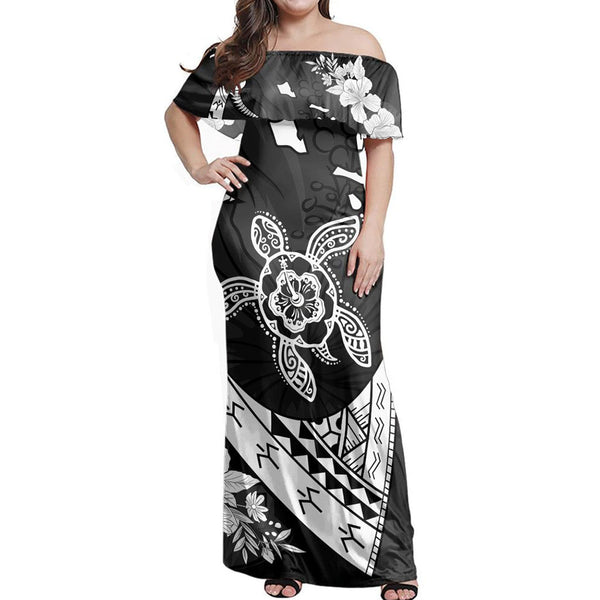 Polynesian Pride Dress - Hawaiian Map Hibiscus Turtle Fish Hook Polynesian Off Shoulder Long Dress