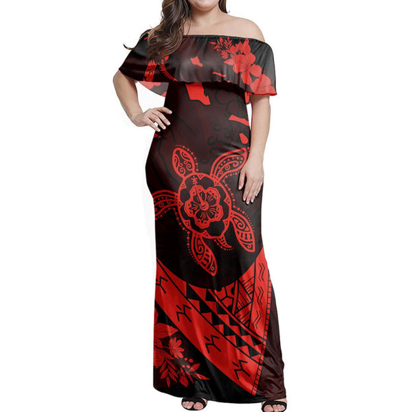 Polynesian Pride Dress - Hawaiian Map Turtle Plumeria Hibiscus Fish Hook Polynesian Red Off Shoulder Long Dress