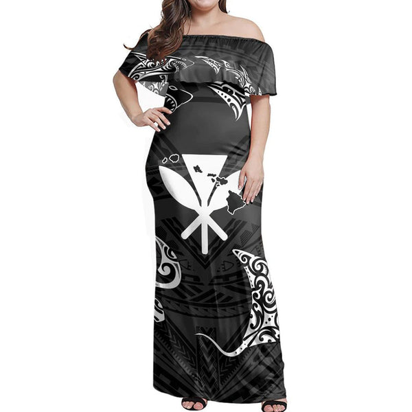 Polynesian Pride Dress - Polynesian Turtle Hammerhead Shark Ray Kanaka Hawaii Circle Off Shoulder Long Dress