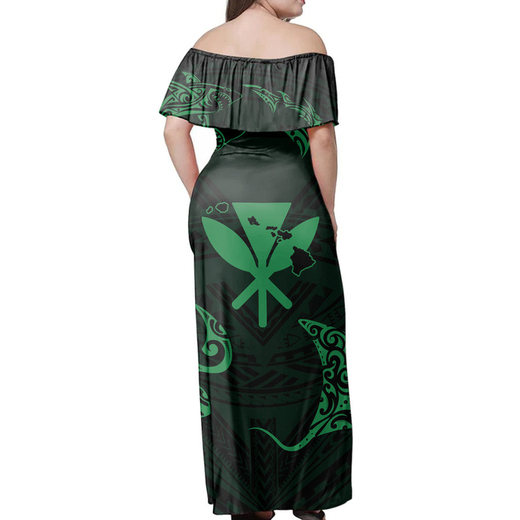 Polynesian Pride Dress - Polynesian Turtle Hammerhead Shark Ray Kanaka Hawaii Circle Green Off Shoulder Long Dress