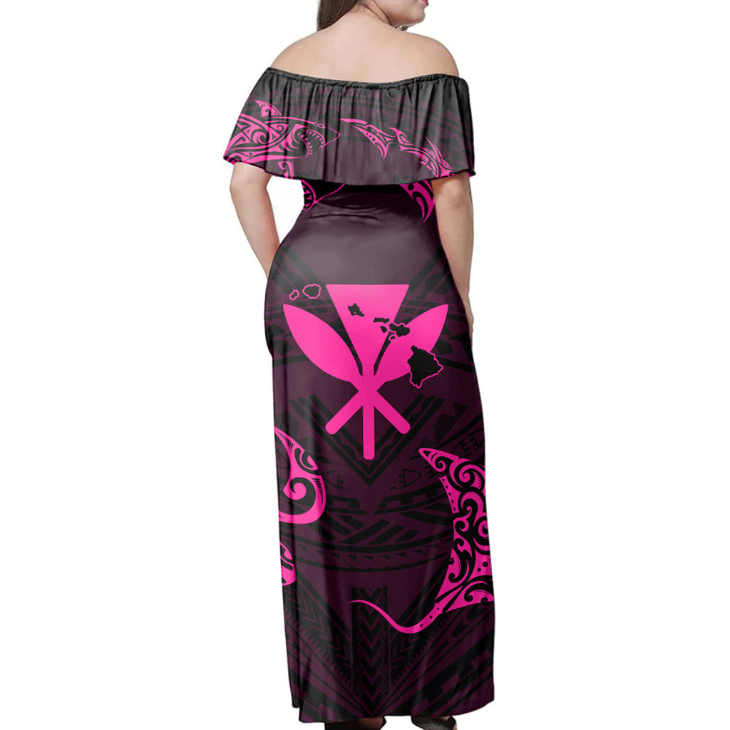 Polynesian Pride Dress - Polynesian Turtle Hammerhead Shark Ray Kanaka Hawaii Circle Pink Off Shoulder Long Dress