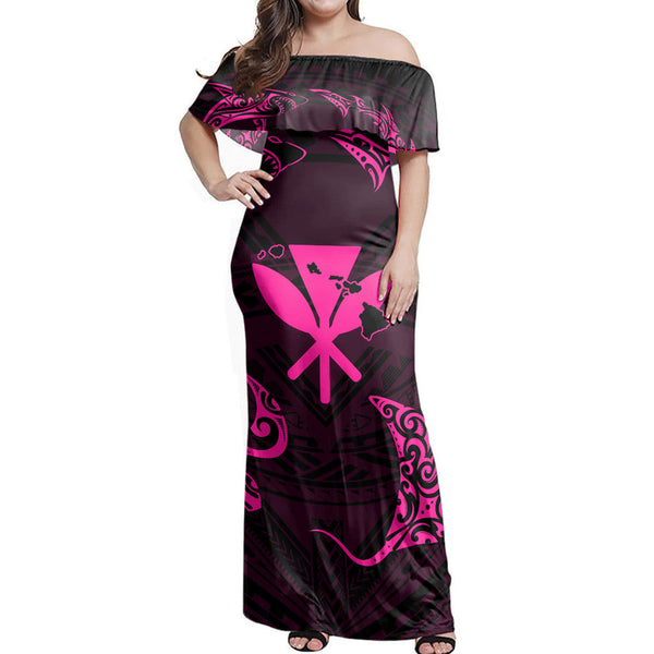 Polynesian Pride Dress - Polynesian Turtle Hammerhead Shark Ray Kanaka Hawaii Circle Pink Off Shoulder Long Dress