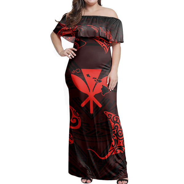 Polynesian Pride Dress - Polynesian Turtle Hammerhead Shark Ray Kanaka Hawaii Circle Red Off Shoulder Long Dress