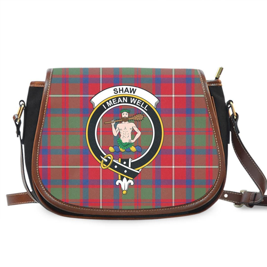 Shaw Red Modern Tartan Crest Saddle Bag