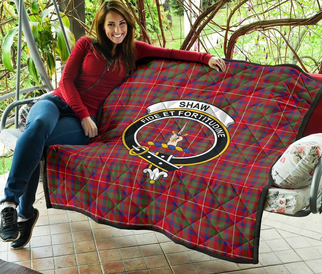 Shaw Red Modern Tartan Classic Crest Premium Quilt