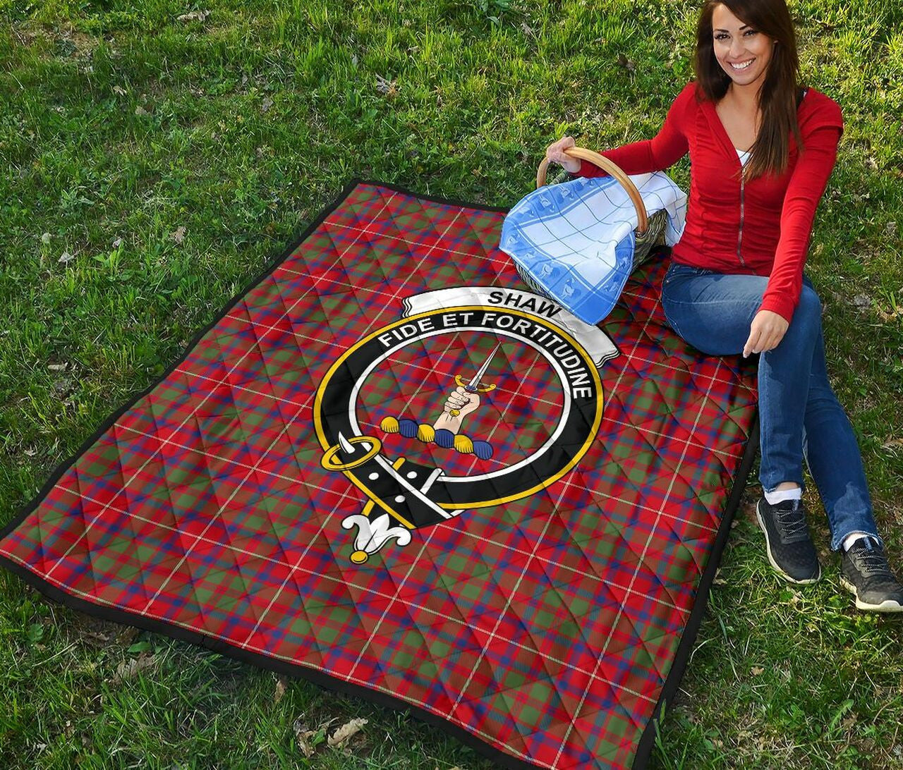 Shaw Red Modern Tartan Classic Crest Premium Quilt