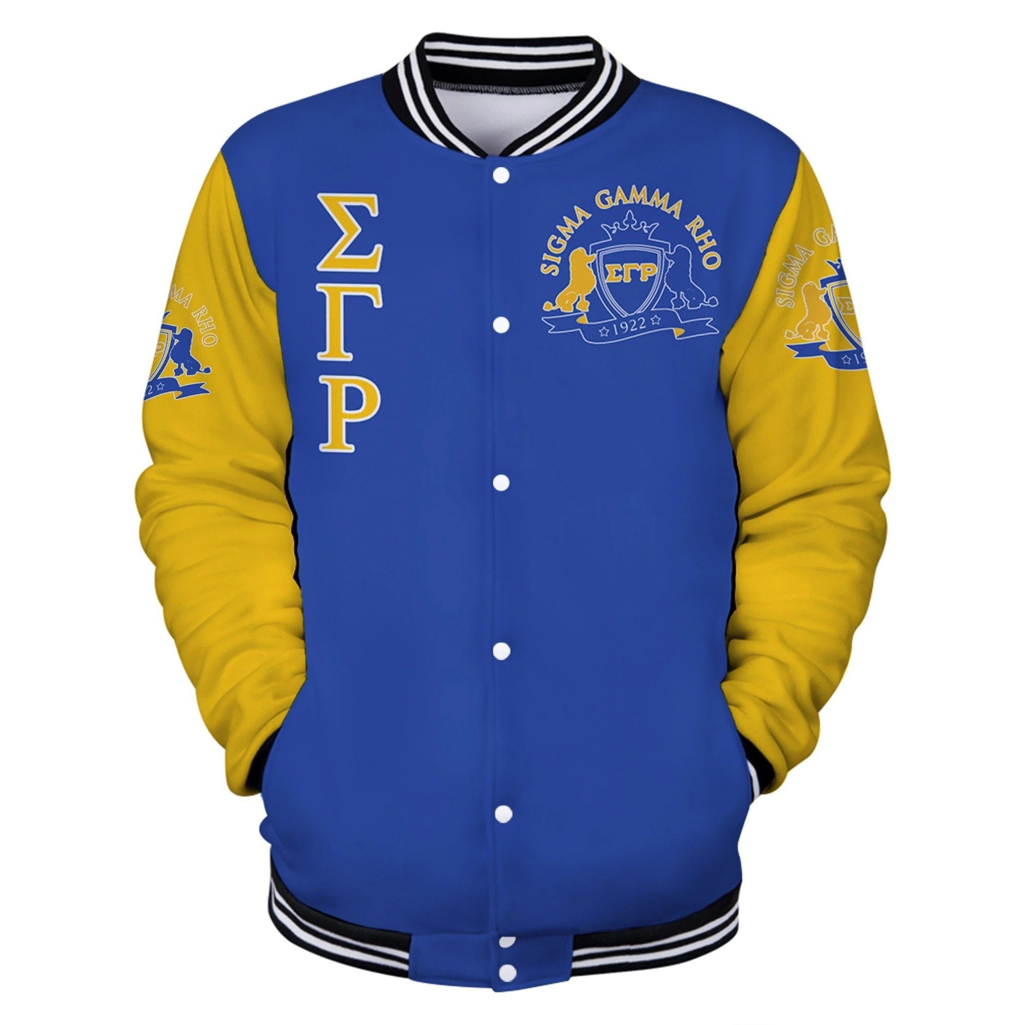 Sorority Jacket - Lux Sigma Gamma Rho Poodle Blue Yellow Baseball Jacket