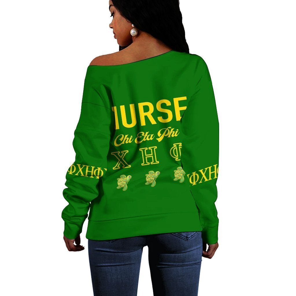 Sorority Sweatshirt - Green Chi Eta Phi Women Off Shoulder