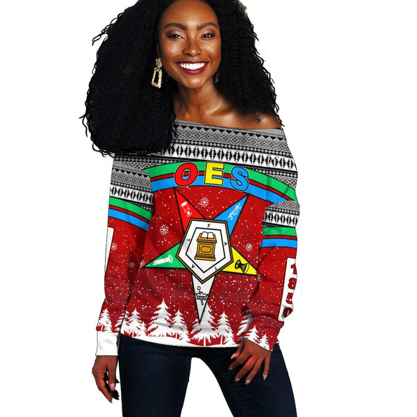 Sorority Sweatshirt - Order Of The Eastern Star Women Off Shoulder OES Christmas Pattern