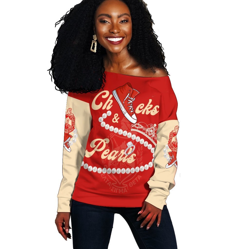 Sorority Sweatshirt - Delta Sigma Theta Chucks And Pearls Off Shoulder K.H Pearls