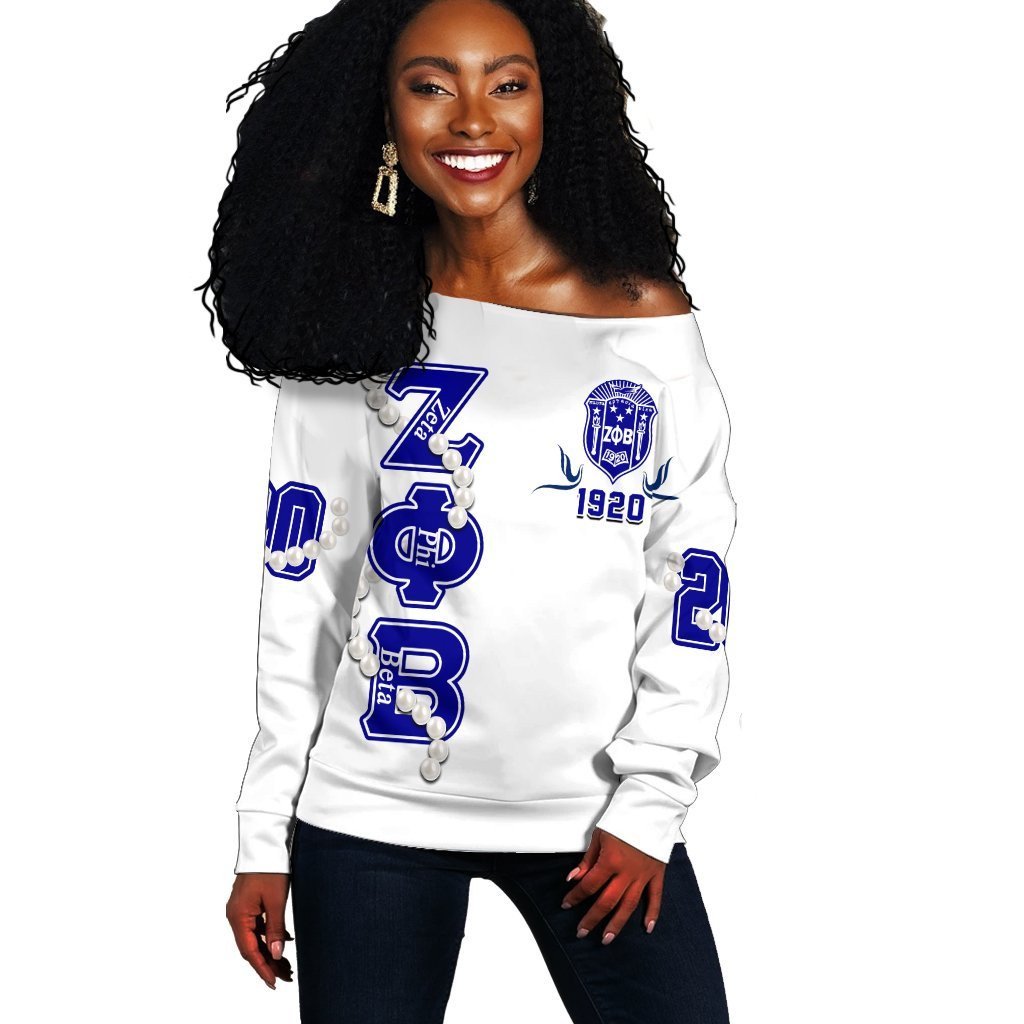 Sorority Sweatshirt - Zeta Phi Beta Pearl White Off Shoulder