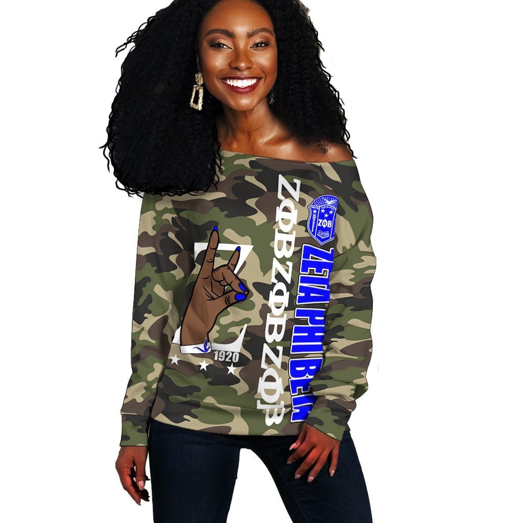 Sorority Sweatshirt - Zeta Phi Beta Camouflage Women Off Shoulder Style